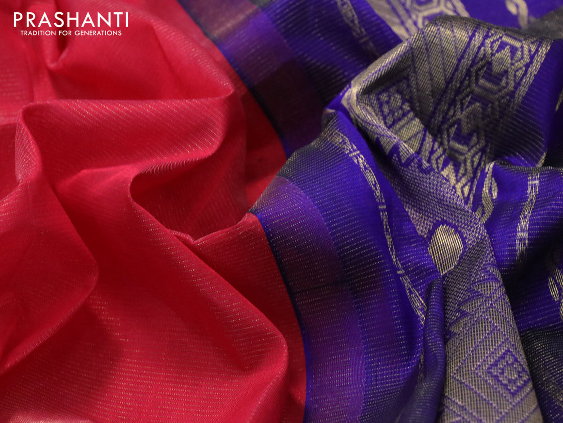 Silk cotton saree red and blue with allover vairosi pattern and zari woven korvai border