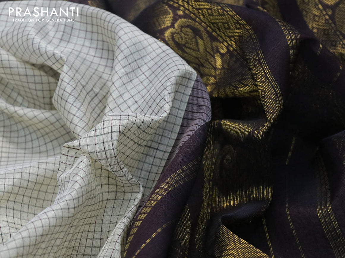 Silk cotton saree cream and deep coffee brown with allover checked pattern and zari woven korvai border