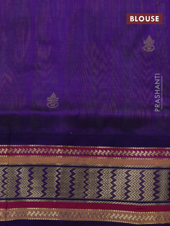 Silk cotton saree dual shade of light green and violet with zari woven buttas and zari woven korvai border