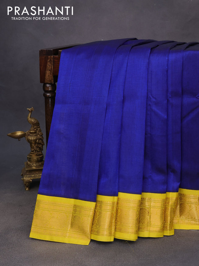 Silk cotton saree blue and lime yellow with plain body and annam zari woven korvai border