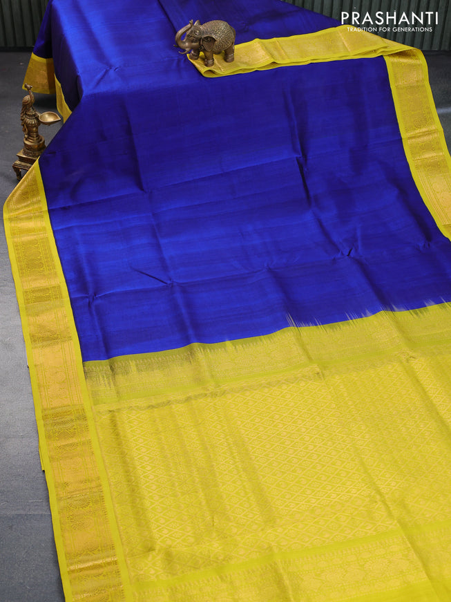 Silk cotton saree blue and lime yellow with plain body and annam zari woven korvai border