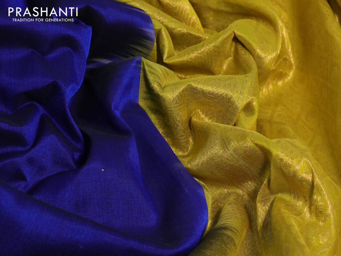 Silk cotton saree blue and lime yellow with plain body and annam zari woven korvai border