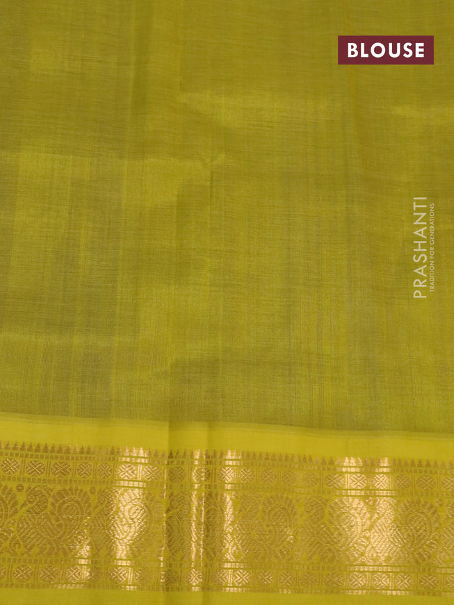 Silk cotton saree blue and lime yellow with plain body and annam zari woven korvai border