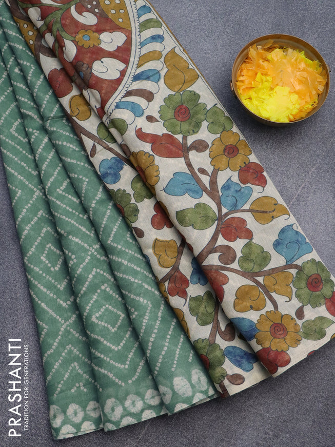 Semi linen saree pastel green shade and cream with allover bandhani prints and printed border