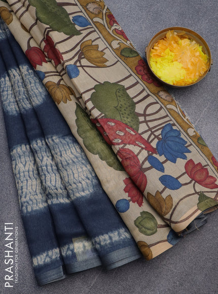 Semi linen saree peacock blue with shibori prints and kalamkari printed pallu