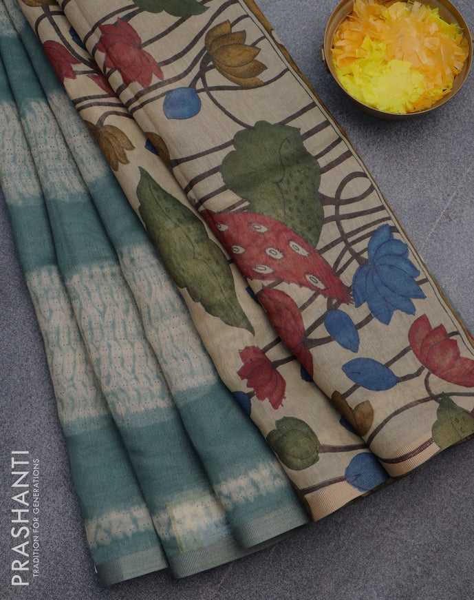 Semi linen saree pastel green shade with shibori prints and kalamkari printed pallu