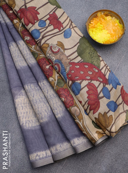 Semi linen saree grey with shibori prints and kalamkari printed pallu