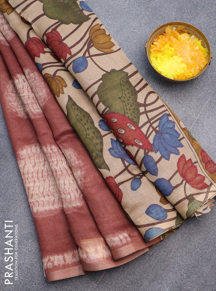 Semi linen saree brown with shibori prints and kalamkari printed pallu