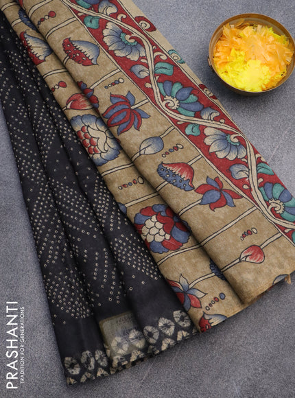 Semi linen saree black and sandal with allover bandhani prints and kalamkari printed pallu