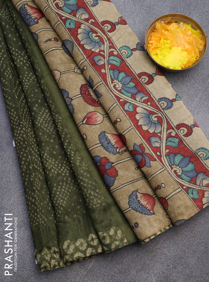 Semi linen saree sap green and chikku shade with allover bandhani prints and kalamkari printed pallu