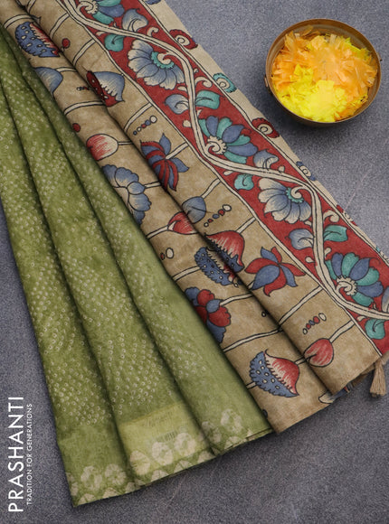 Semi linen saree light green and beige with allover bandhani prints and kalamkari printed pallu