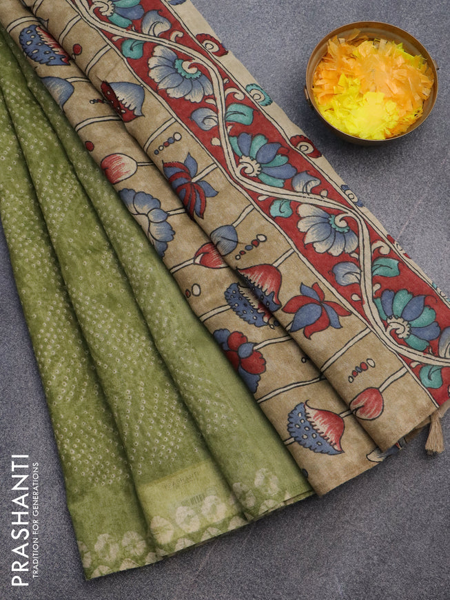 Semi linen saree light green and beige with allover bandhani prints and kalamkari printed pallu