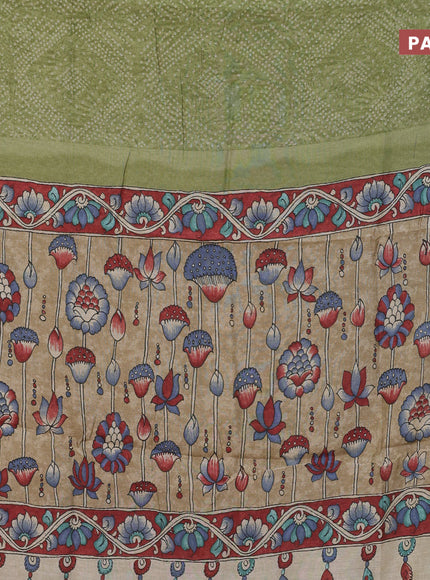 Semi linen saree light green and beige with allover bandhani prints and kalamkari printed pallu