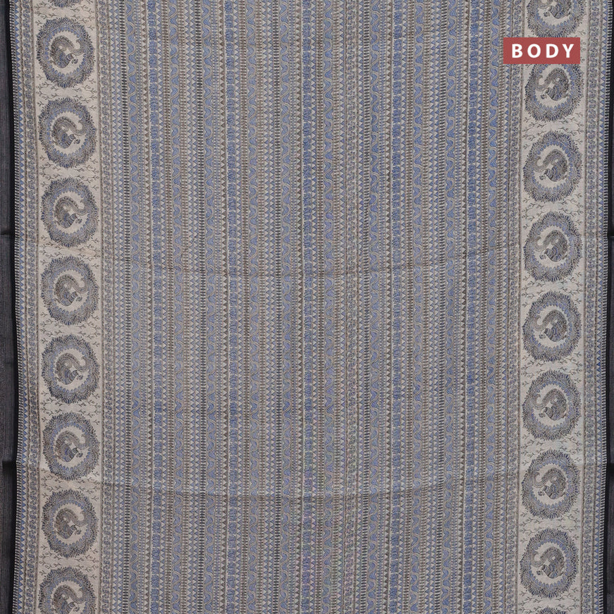 Semi linen saree cream blue and black with allover madhubani prints and zari woven border