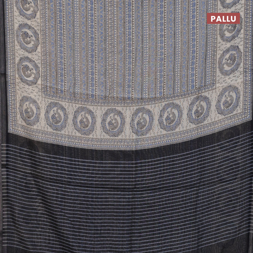 Semi linen saree cream blue and black with allover madhubani prints and zari woven border