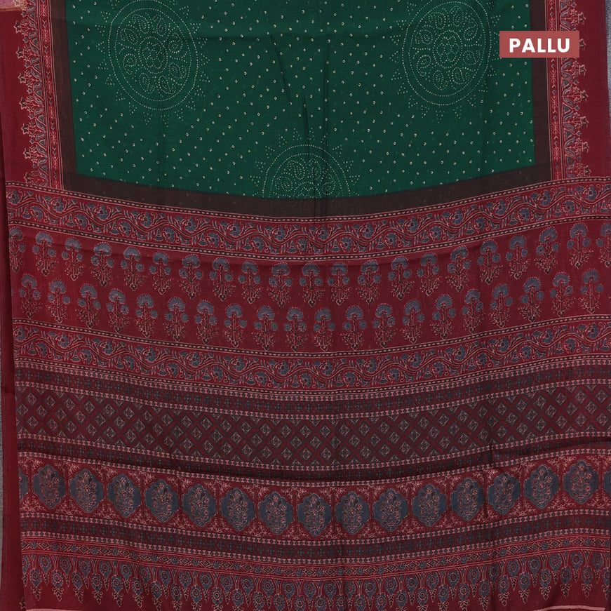 Semi linen saree green and maroon with allover bandhani prints and ajrakh printed pallu