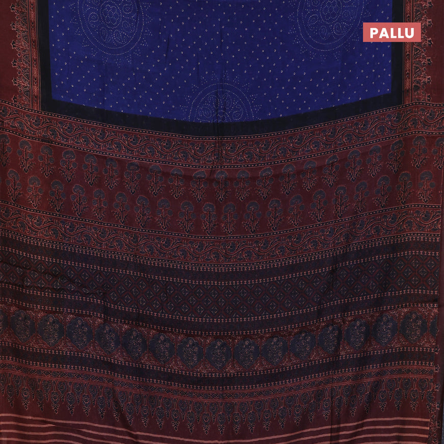 Semi linen saree blue and rust shade with allover bandhani prints and ajrakh printed pallu