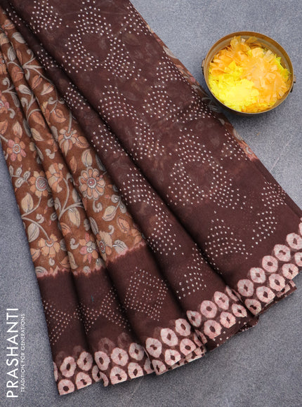 Semi linen saree brown shade with allover kalamkari prints and batik printed border