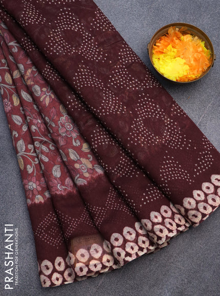 Semi linen saree pastel maroon shade and maroon with allover kalamkari prints and batik printed border