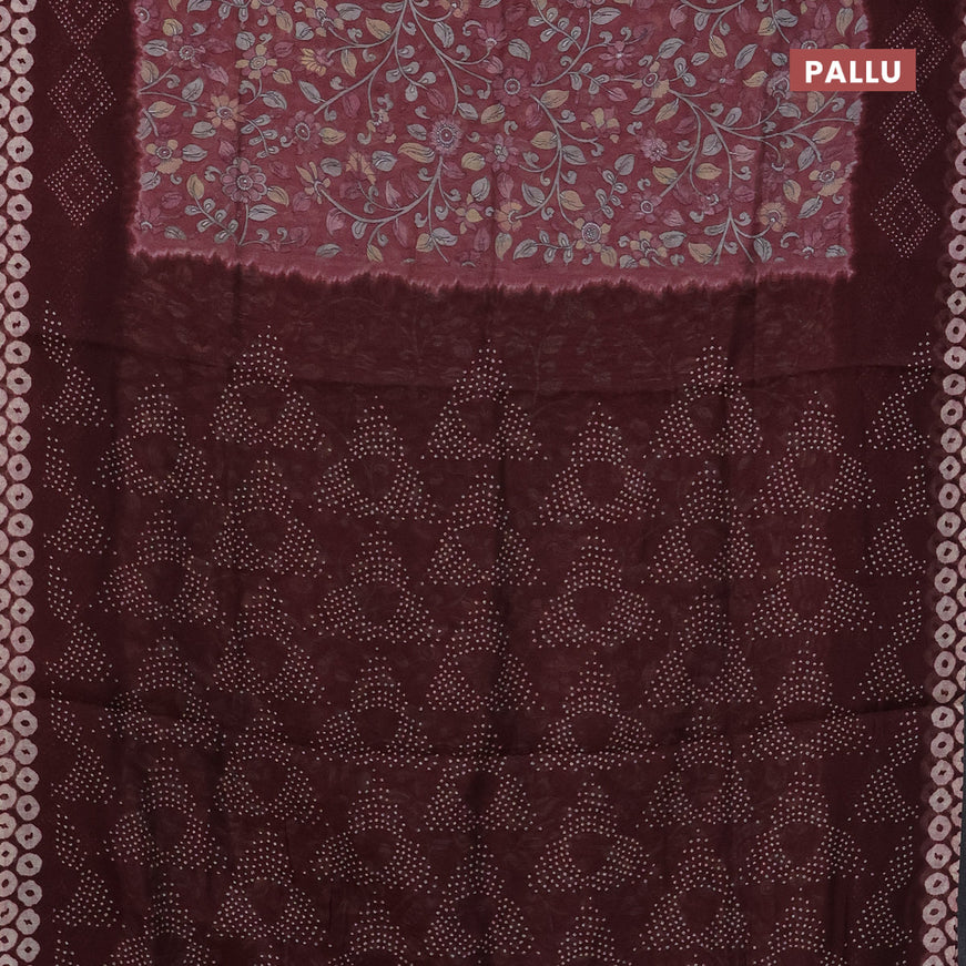 Semi linen saree pastel maroon shade and maroon with allover kalamkari prints and batik printed border