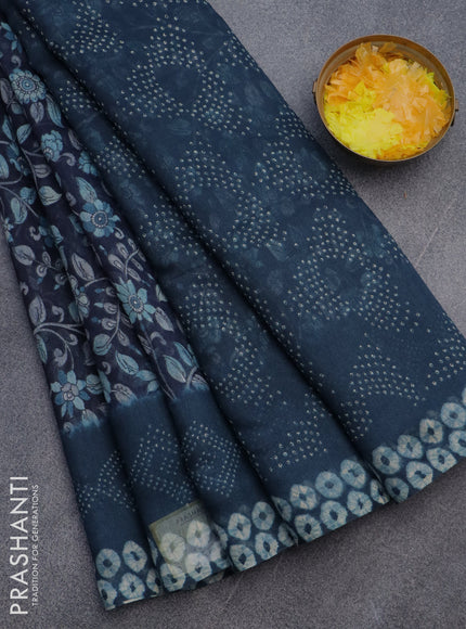 Semi linen saree navy blue and peacock blue with allover kalamkari prints and batik printed border