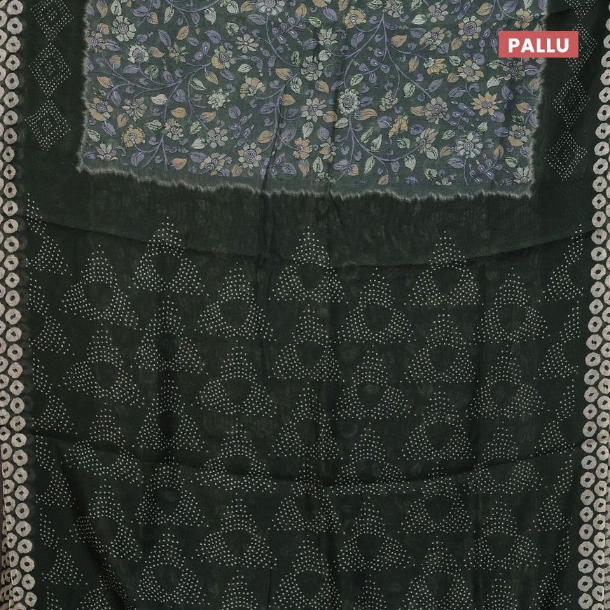 Semi linen saree green shade with allover kalamkari prints and batik printed border