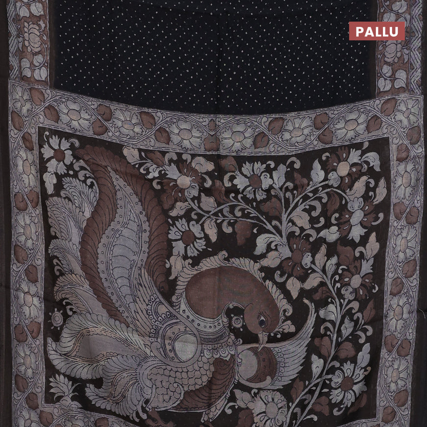 Semi linen saree black and brown with allover bandhani prints and kalamkari printed pallu