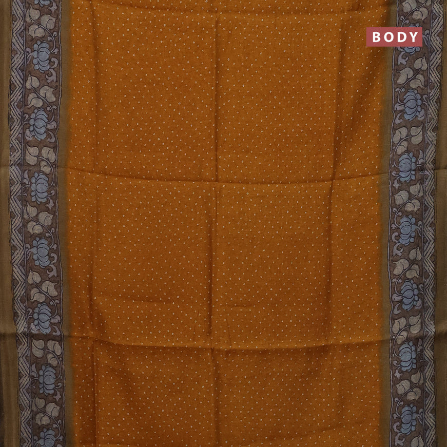 Semi linen saree mustard yellow and beige with allover bandhani prints and kalamkari printed pallu