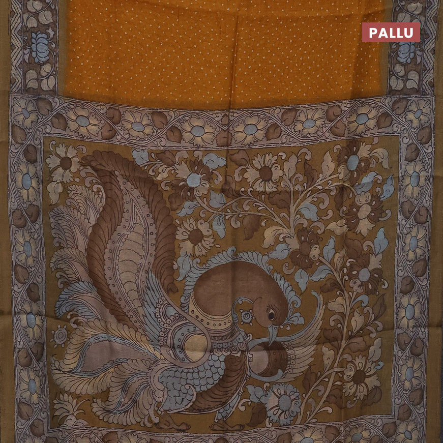 Semi linen saree mustard yellow and beige with allover bandhani prints and kalamkari printed pallu