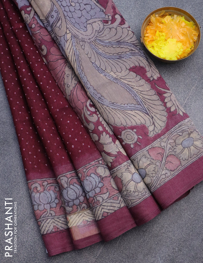 Semi linen saree magenta pink with allover bandhani prints and kalamkari printed pallu