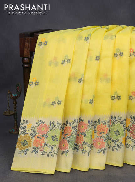 Banarasi raw silk saree yellow with thread & zari woven floral buttas and long floral zari woven paithani border