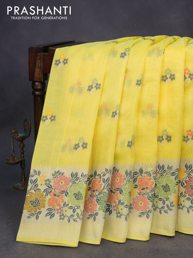 Banarasi raw silk saree yellow with thread & zari woven floral buttas and long floral zari woven paithani border