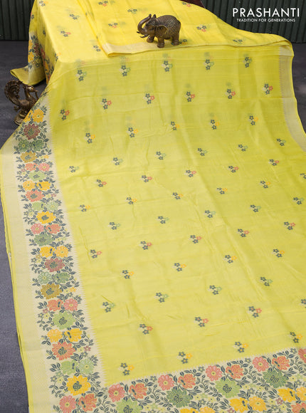 Banarasi raw silk saree yellow with thread & zari woven floral buttas and long floral zari woven paithani border