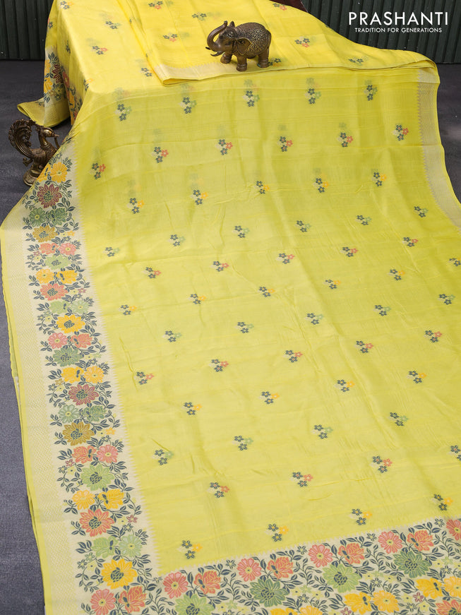 Banarasi raw silk saree yellow with thread & zari woven floral buttas and long floral zari woven paithani border