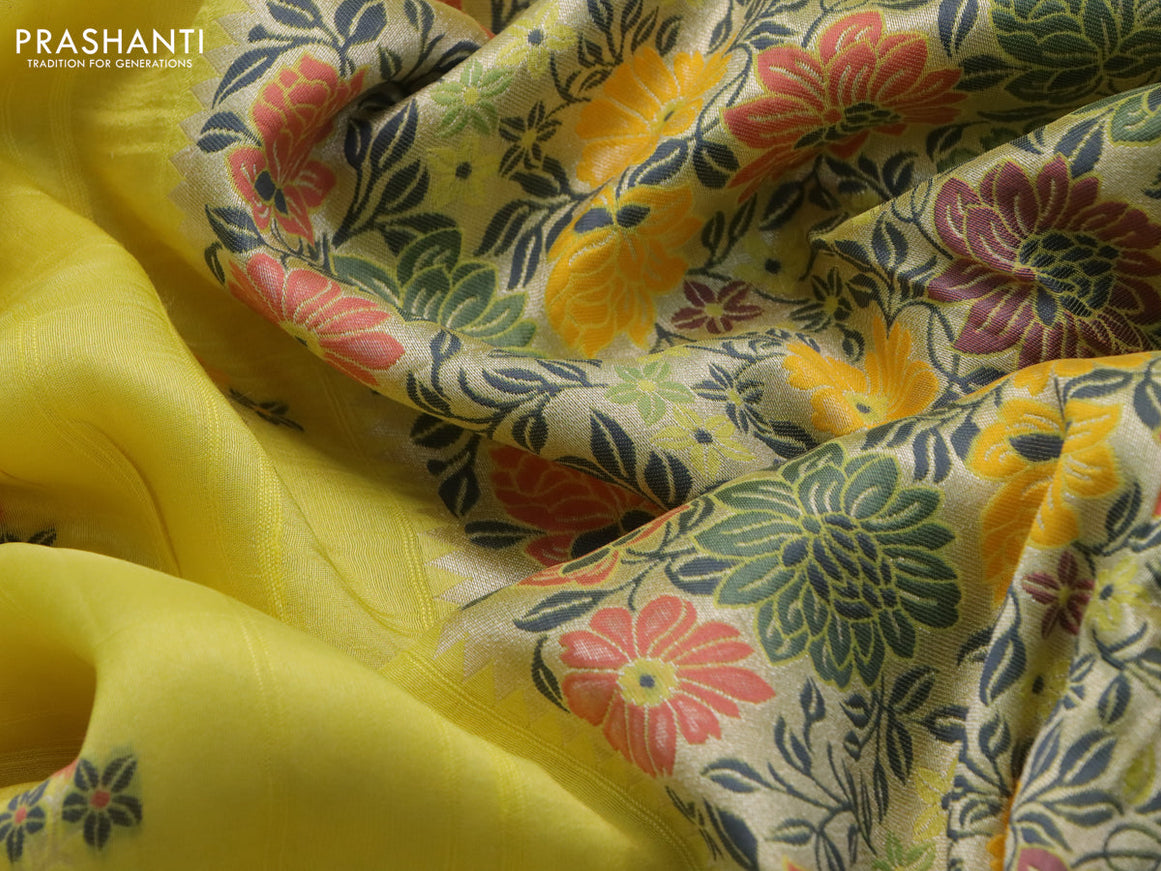 Banarasi raw silk saree yellow with thread & zari woven floral buttas and long floral zari woven paithani border