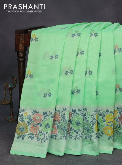 Banarasi raw silk saree light green with thread & zari woven floral buttas and long floral zari woven paithani border