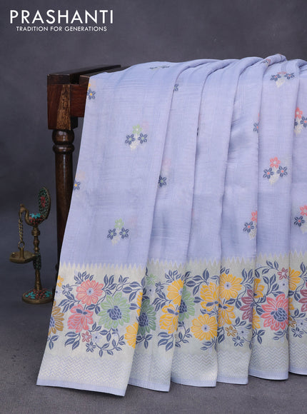 Banarasi raw silk saree grey with thread & zari woven floral buttas and long floral zari woven paithani border