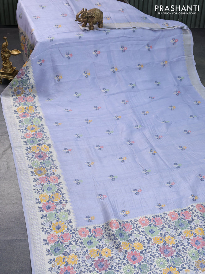 Banarasi raw silk saree grey with thread & zari woven floral buttas and long floral zari woven paithani border