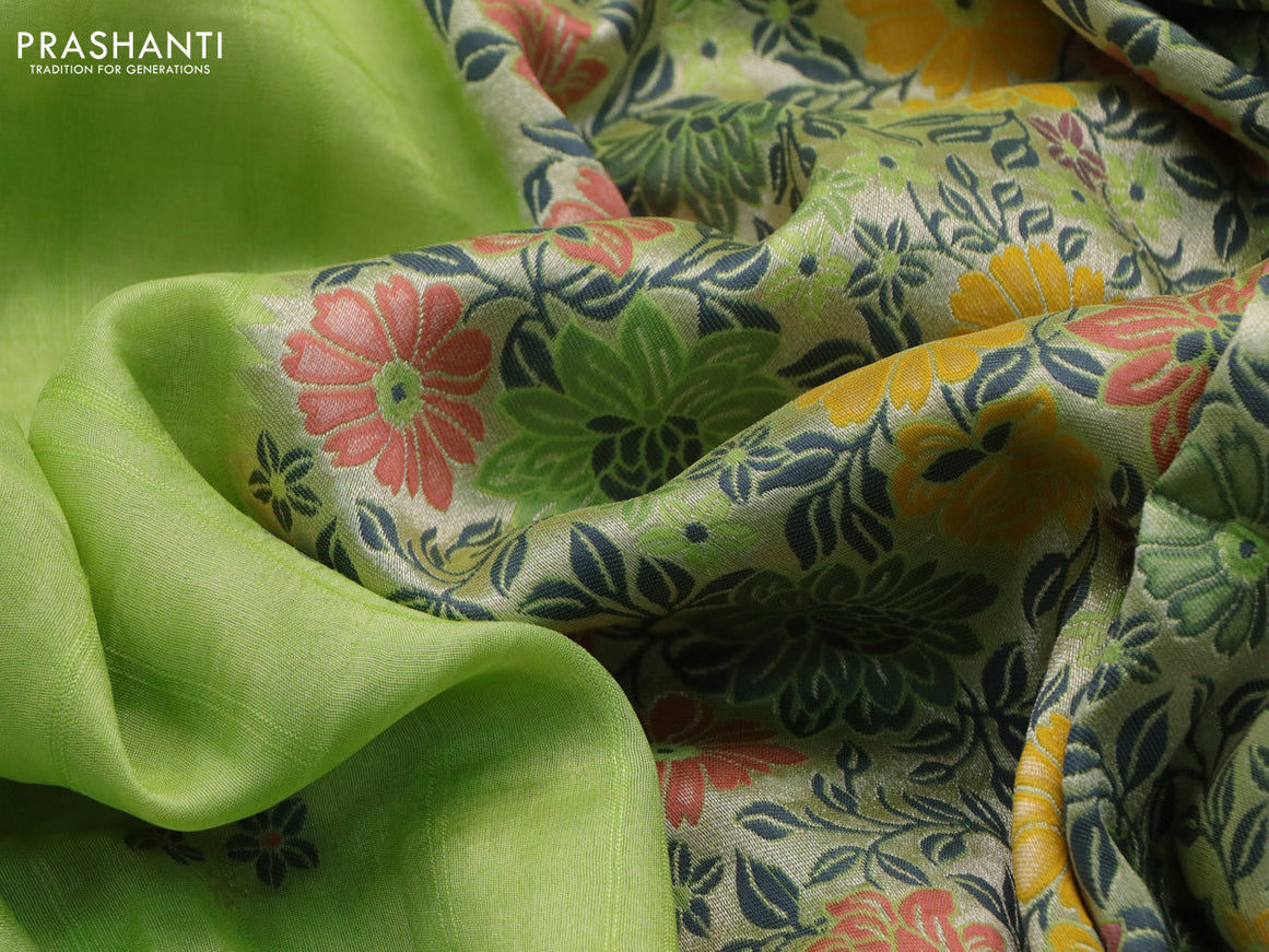 Banarasi raw silk saree fluorescent green with thread & zari woven floral buttas and long floral zari woven paithani border