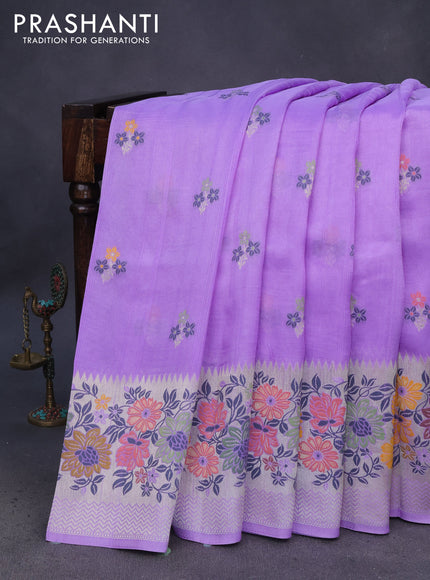 Banarasi raw silk saree lavender shade with thread & zari woven floral buttas and long floral zari woven paithani border