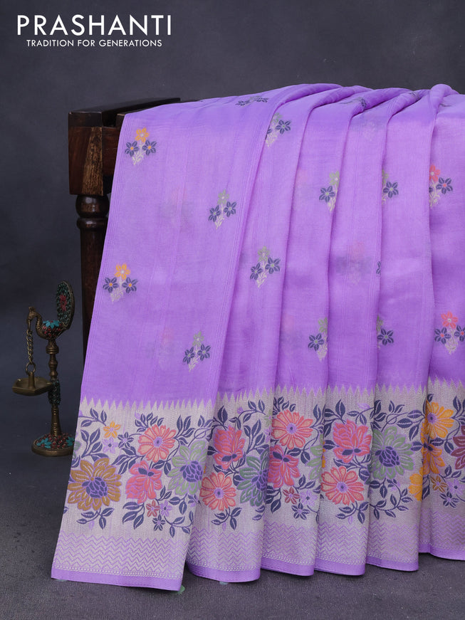 Banarasi raw silk saree lavender shade with thread & zari woven floral buttas and long floral zari woven paithani border