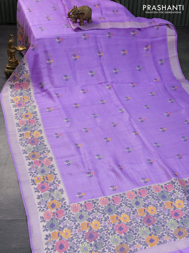 Banarasi raw silk saree lavender shade with thread & zari woven floral buttas and long floral zari woven paithani border