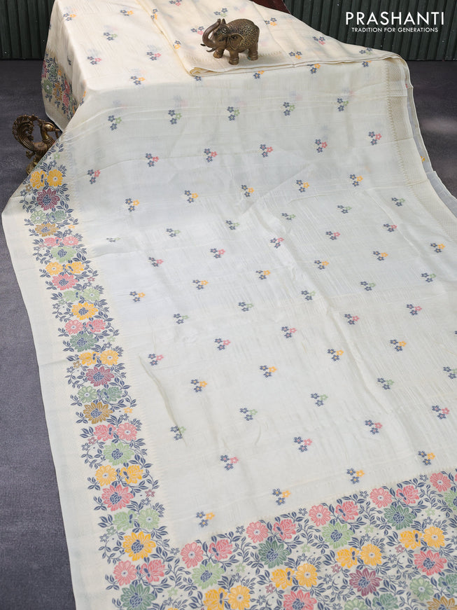 Banarasi raw silk saree cream with thread & zari woven floral buttas and long floral zari woven paithani border