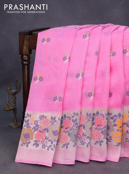 Banarasi raw silk saree light pink with thread & zari woven floral buttas and long floral zari woven paithani border