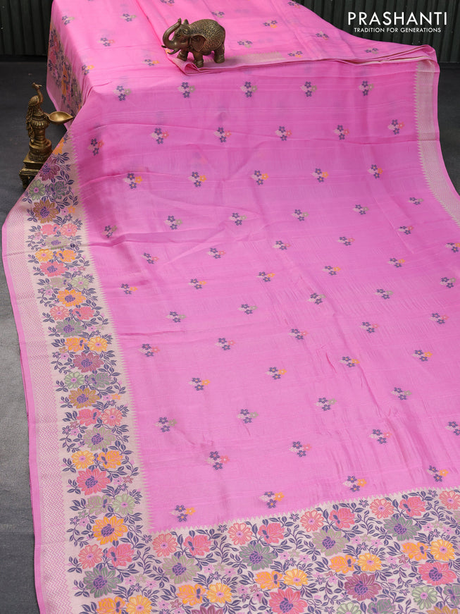 Banarasi raw silk saree light pink with thread & zari woven floral buttas and long floral zari woven paithani border