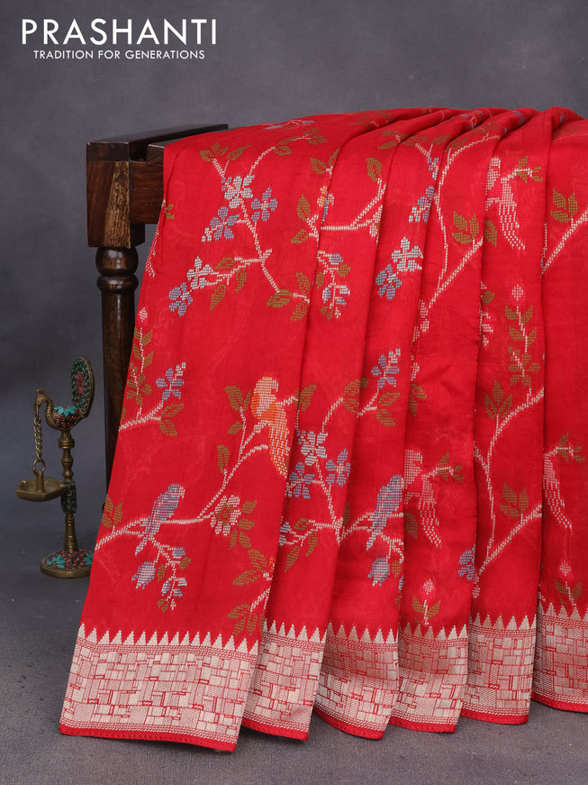 Banarasi raw silk saree red with allover thread & zari weaves and zari woven border