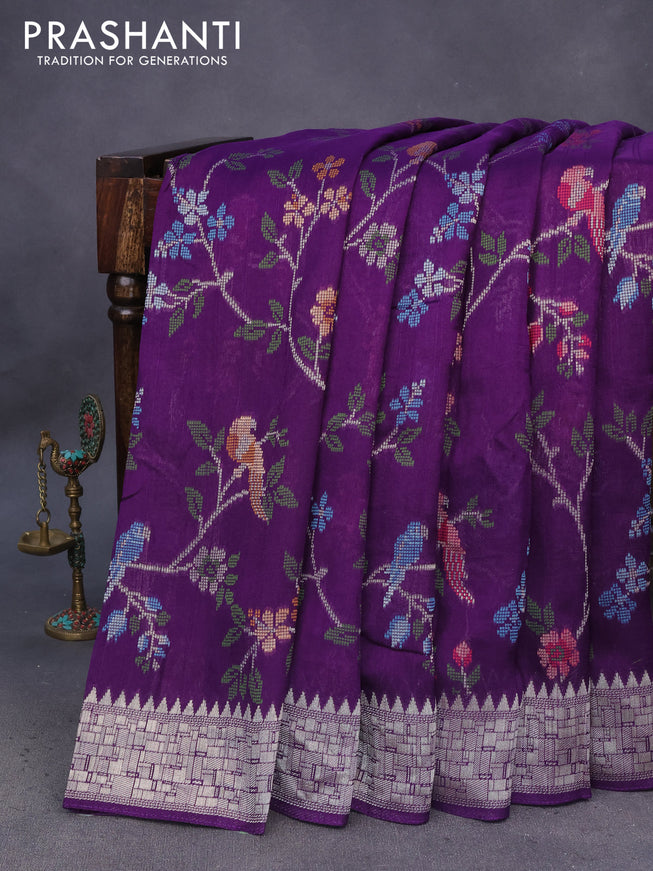 Banarasi raw silk saree violet with allover thread & zari weaves and zari woven border