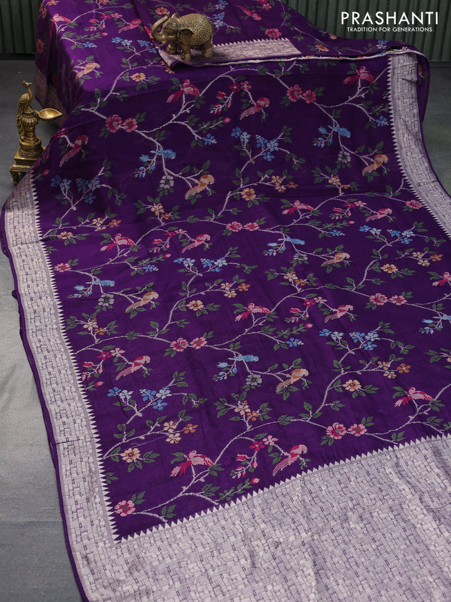 Banarasi raw silk saree violet with allover thread & zari weaves and zari woven border