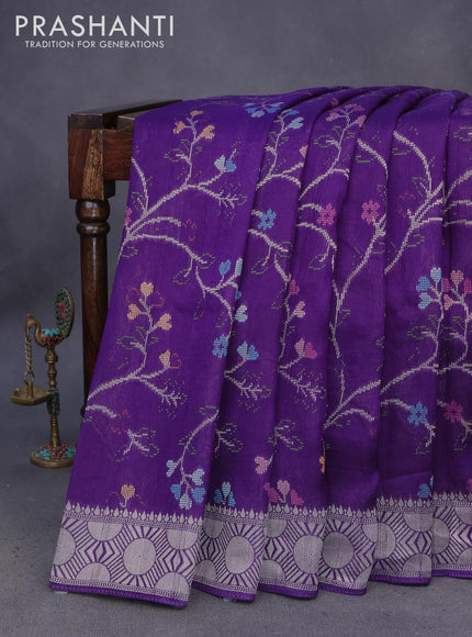 Banarasi raw silk saree violet with allover thread & zari weaves and zari woven border