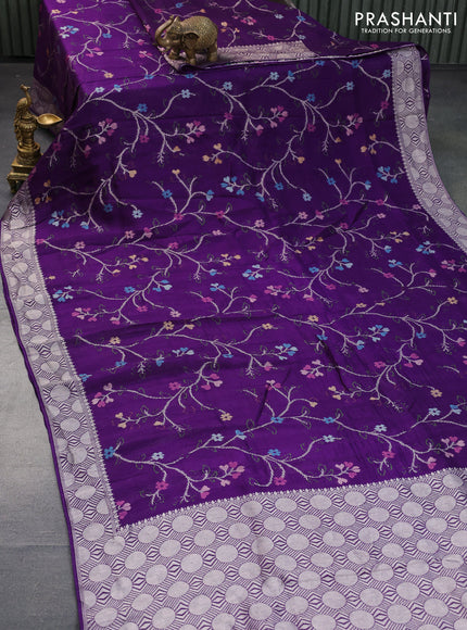 Banarasi raw silk saree violet with allover thread & zari weaves and zari woven border